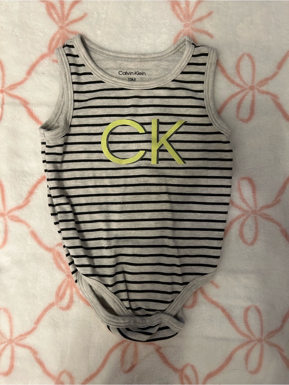 Calvin Klein Gray & Black Striped Tank Bodysuit with Yellow CK Logo